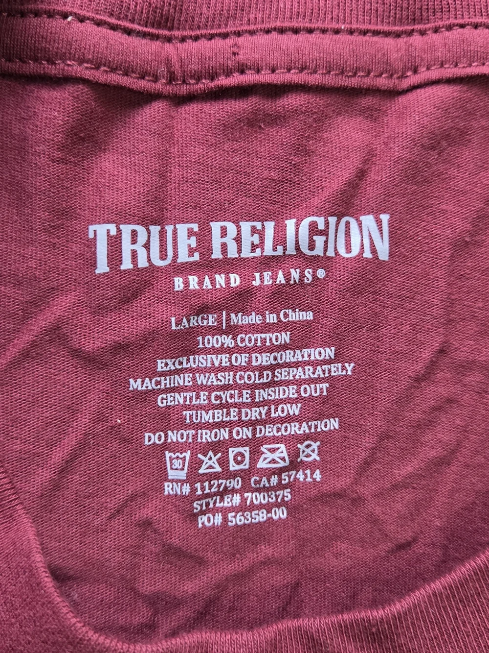 NWT True Religion Foil Taping Long Sleeve Tee Men L Burgundy Gold Logo